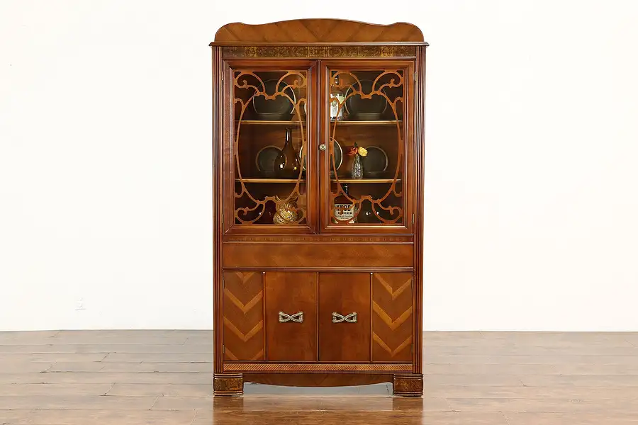 Main image of Art Deco Vintage Walnut & Birch China or Curio Display Cabinet, Bookcase