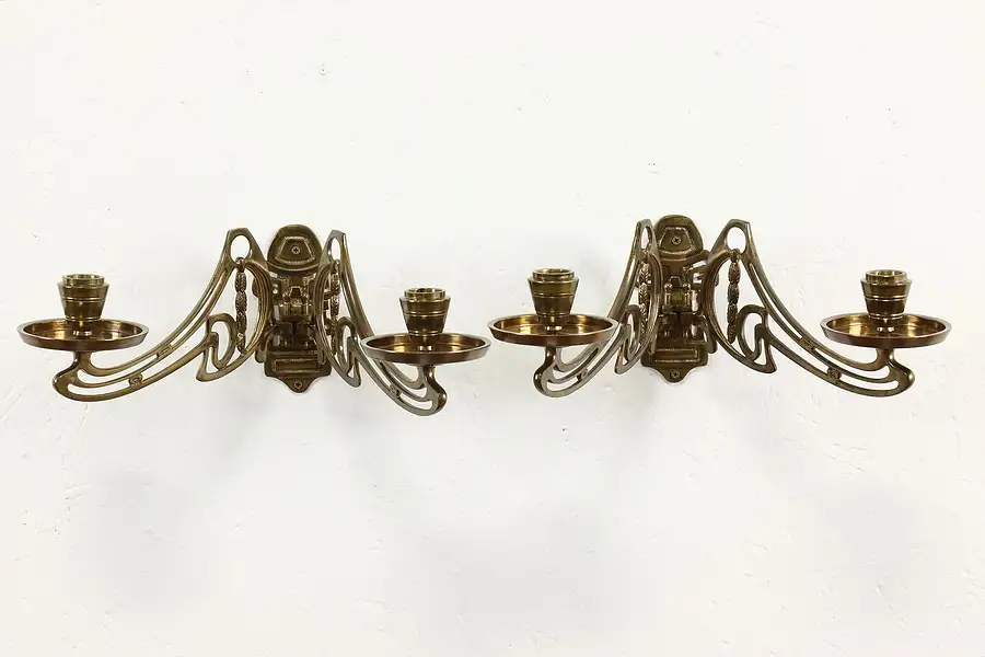 Main image of Pair of Art Nouveau Antique Brass Double Candle Wall Sconces