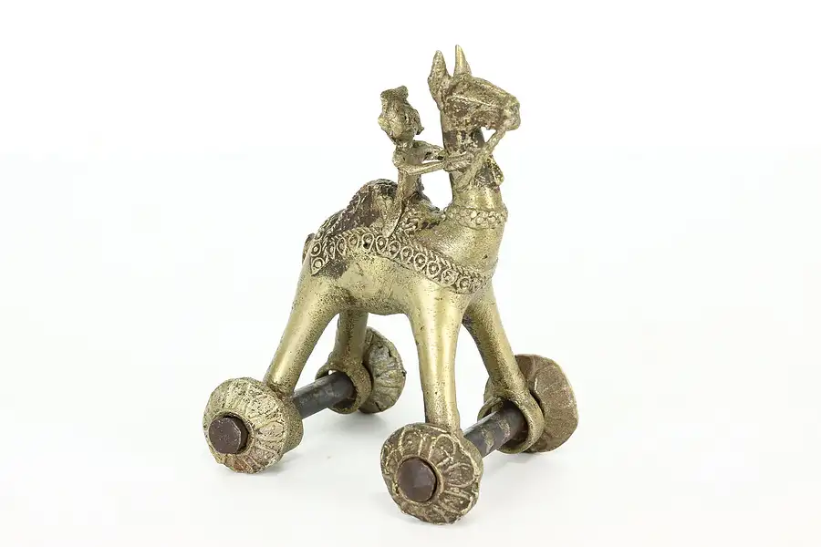 Main image of Brass Vintage Sculpture Mideast Camel & Rider Statue on Wheels