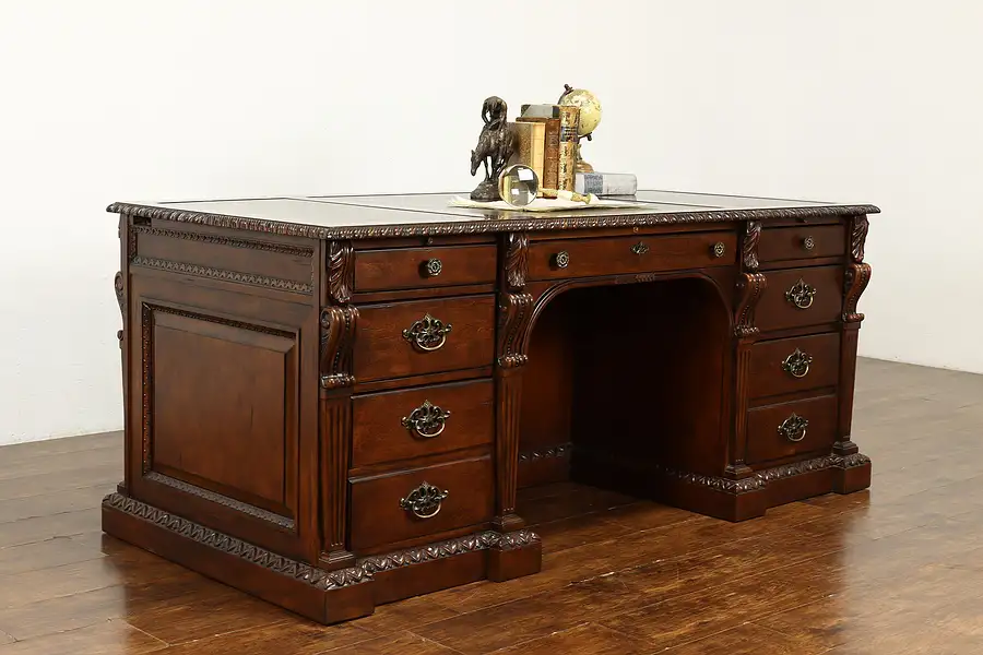 Main image of Tooled Leather Top Maple Vintage Executive Office or Library Desk, Hekman