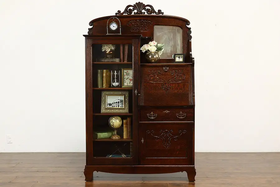 Main image of Victorian Antique Oak Side by Side Secretary Desk & Bookcase Curved Glass