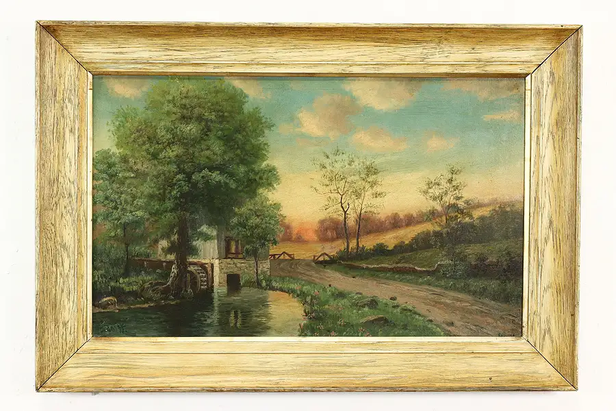 Main image of Millhouse Path in Countryside Antique Original Oil Painting Leavitt 34.5"