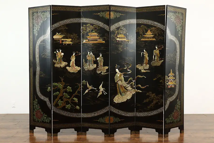 Main image of Traditional Chinese Vintage 6 Panel 8' Hard Stone, Pearl & Lacquer Screen