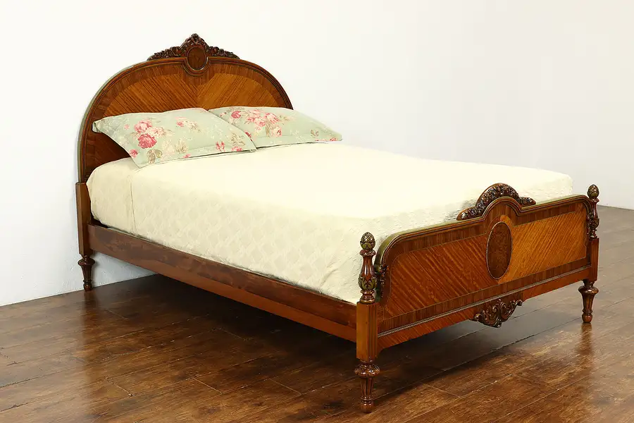 Main image of French Style Antique Carved Satinwood & Burl Full Size Bed