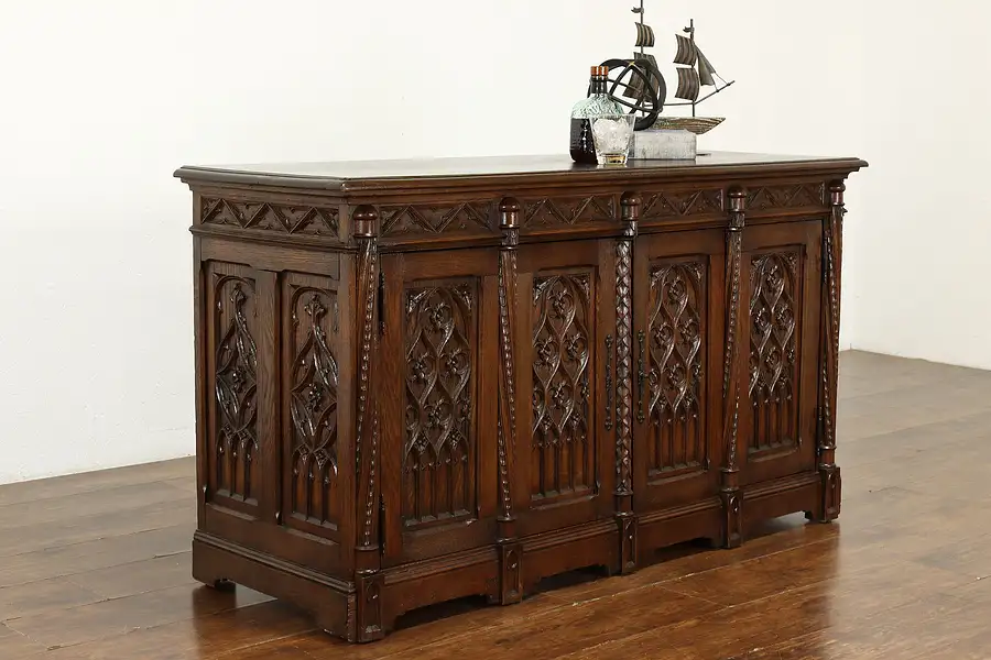 Main image of French Gothic Antique Carved Oak Cabinet, Bar or TV Console, Wimphen