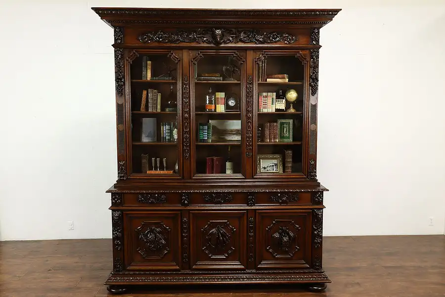 Main image of Black Forest Antique Carved Oak Fish & Game Bookcase or China Cabinet