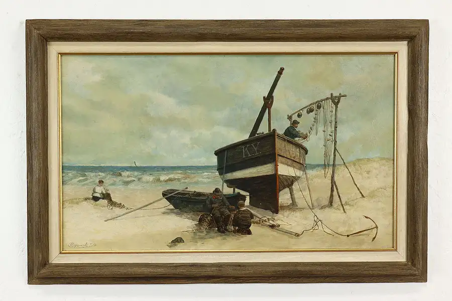 Main image of Fishermen Repairing Nets Vintage Original Oil Painting, Signed 1980 32.5"