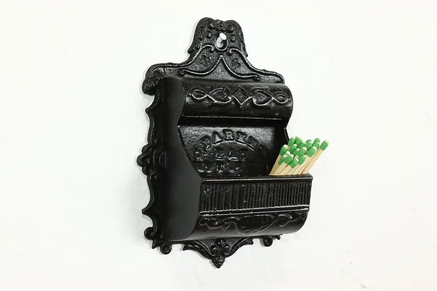 Main image of Victorian Antique Cast Iron Wall Hanging Match Holder, C. Parker 1870