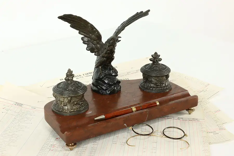 Main image of French Antique Red Marble Double Inkwell with Eagle Statue, Molette