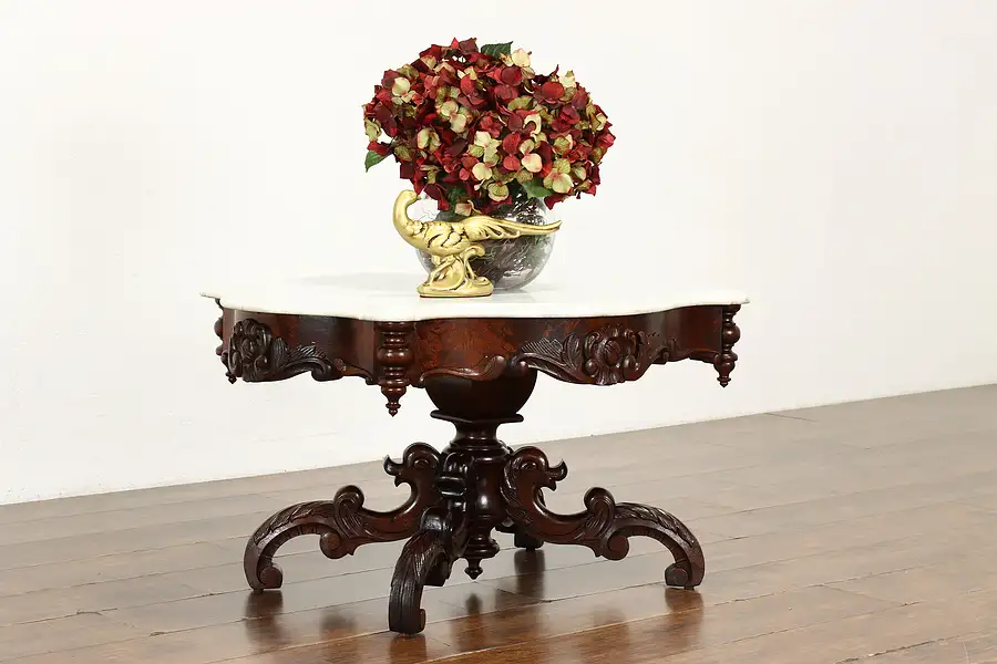 Main image of Victorian Antique 1860s Carved Walnut Coffee Table, Turtle Marble Top