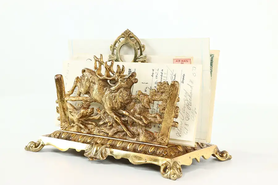 Main image of Victorian Antique Stag Hunt Brass Double Letter Holder, Bradley & Hubbard