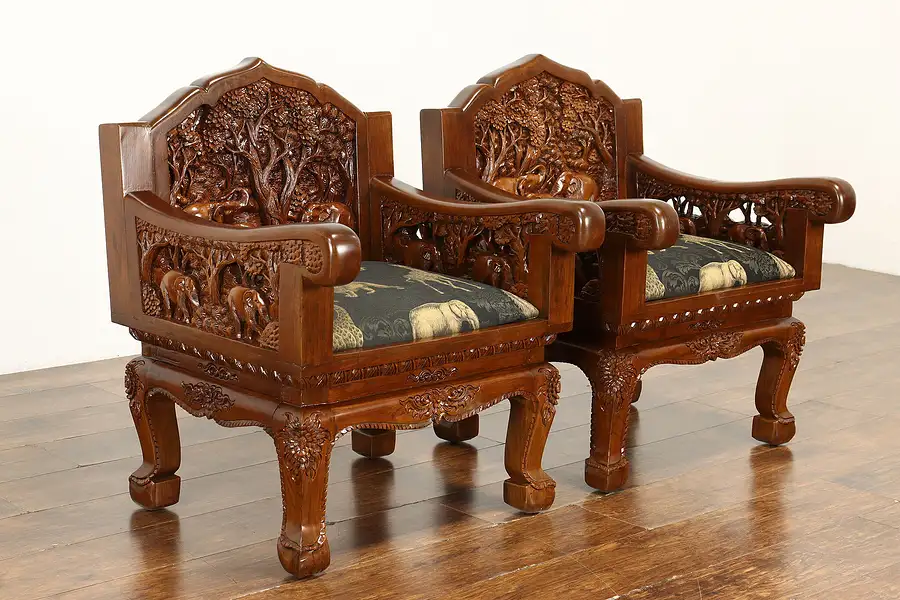 Main image of Pair of Vintage Elephant Hand Carved Teak Armchairs, New Upholstery