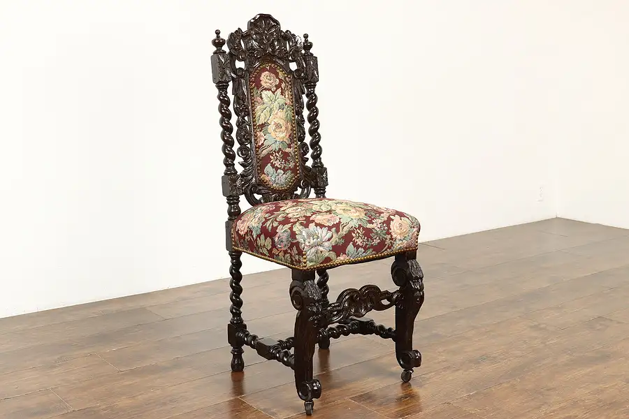 Main image of Black Forest Oak Antique Hand Carved Desk, Side Chair, Floral Upholstery