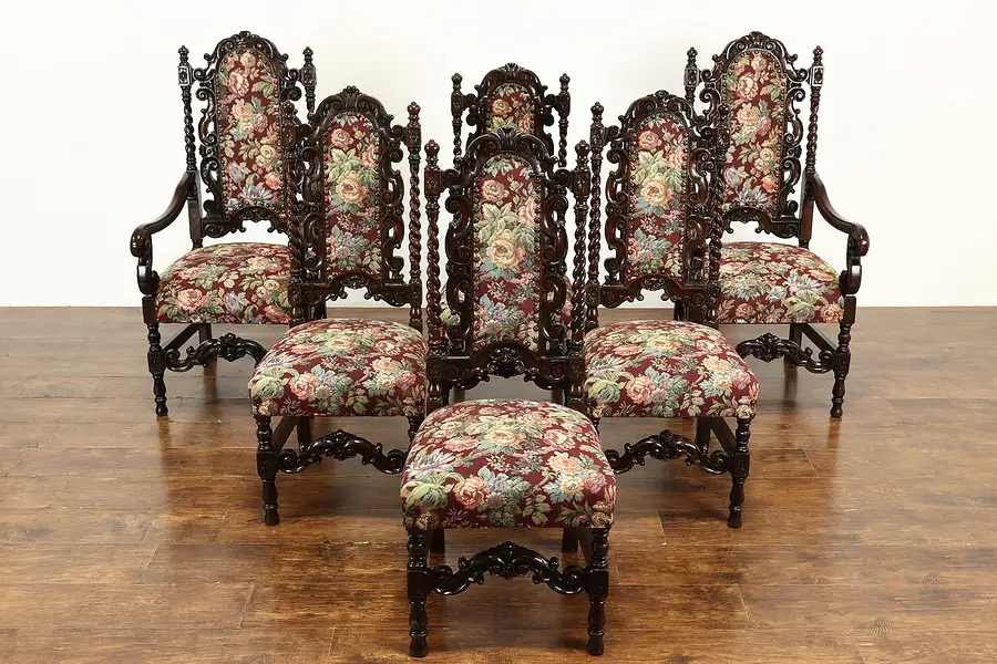 Main image of Set of 6 Black Forest Oak Antique Carved Dining Chairs, Floral Upholstery