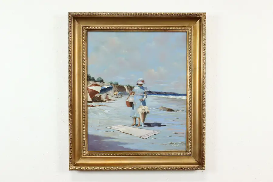 Main image of Picnic at the Beach Vintage Original Oil Painting, Candi 30.5"