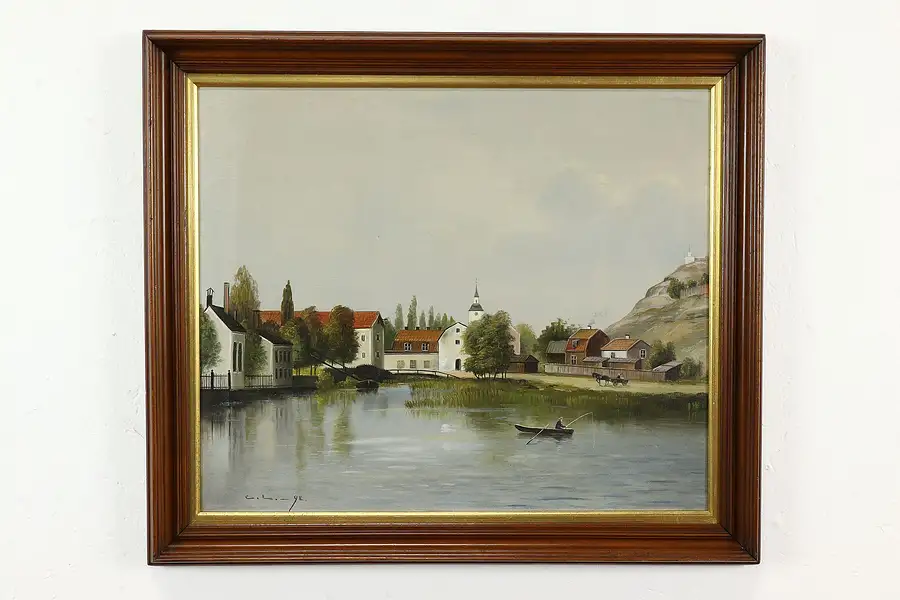 Main image of Fisherman & European Village Antique Original Oil Painting 28.5"