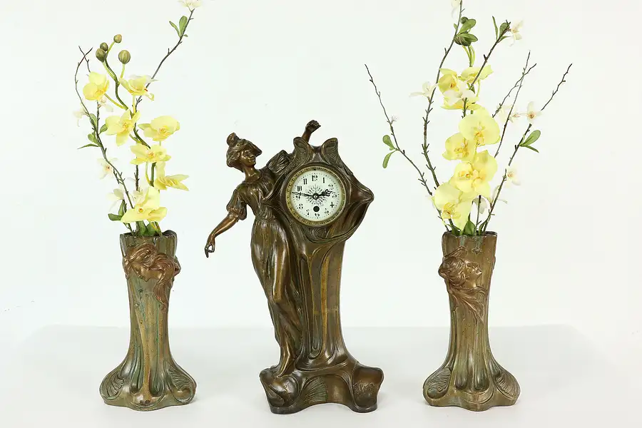 Main image of Art Nouveau Antique French 3 Pc Figural Sculpture Mantel Clock Set, Flora