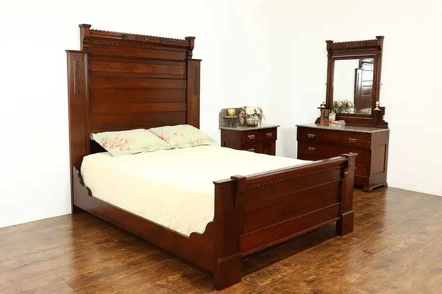 Main image of Victorian Eastlake Antique Carved Walnut 3 Pc Bedroom Set, Queen Size Bed