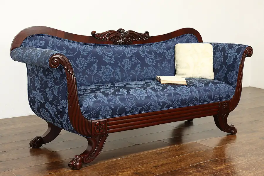 Main image of Empire or Biedermeier Antique 1860s Carved Mahogany Sofa, New Upholstery