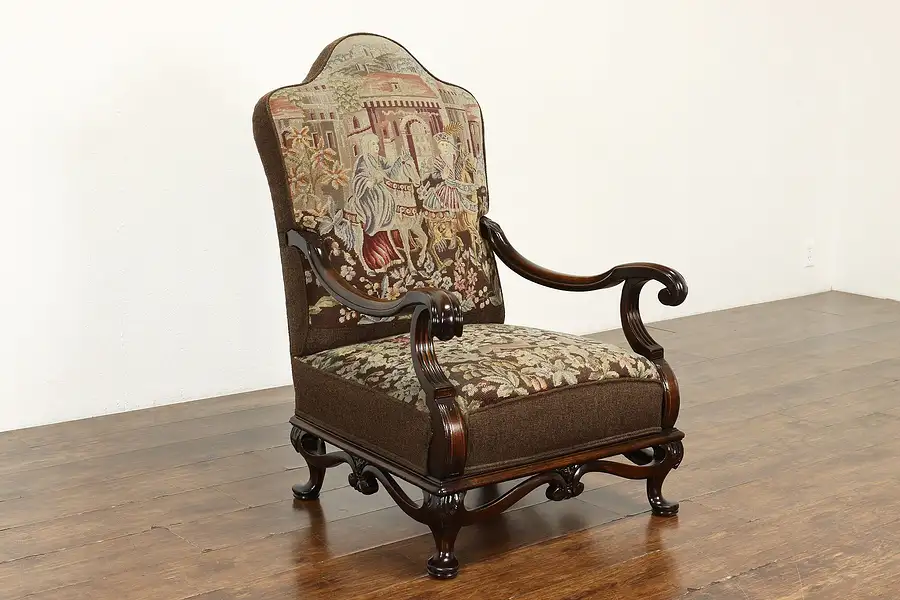 Main image of Renaissance Carved Antique Chair Worn Needlepoint Petit Point Upholstery