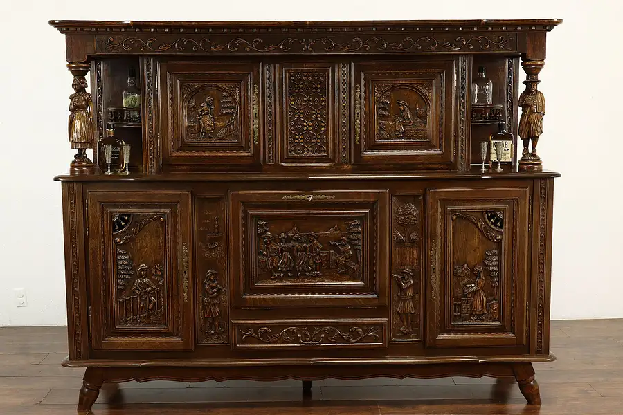 Main image of French Brittany Carved Oak Antique Sideboard, Server or Bar Cabinet