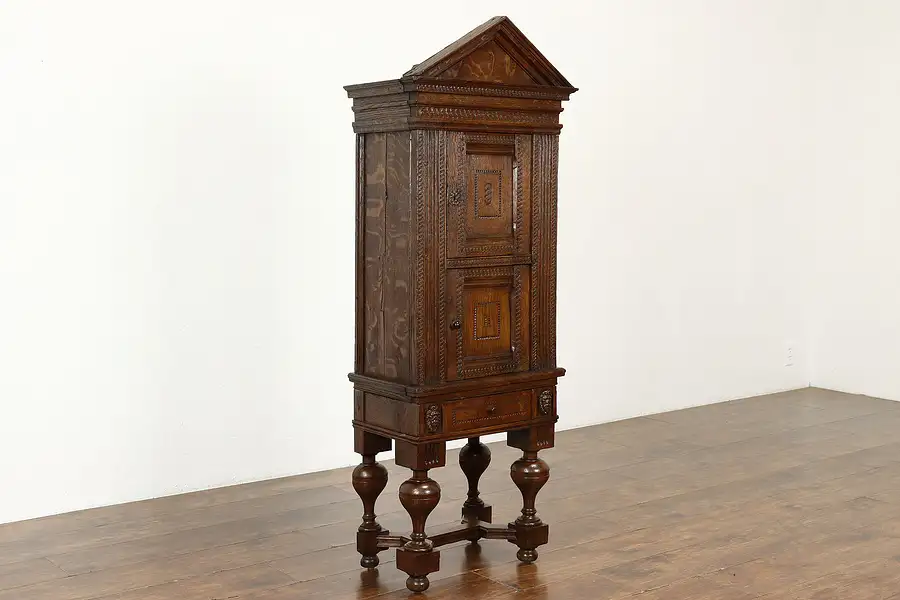 Main image of Dutch Carved Oak Antique 1700s Tobacco Cabinet or Kitchen Pantry Cupboard