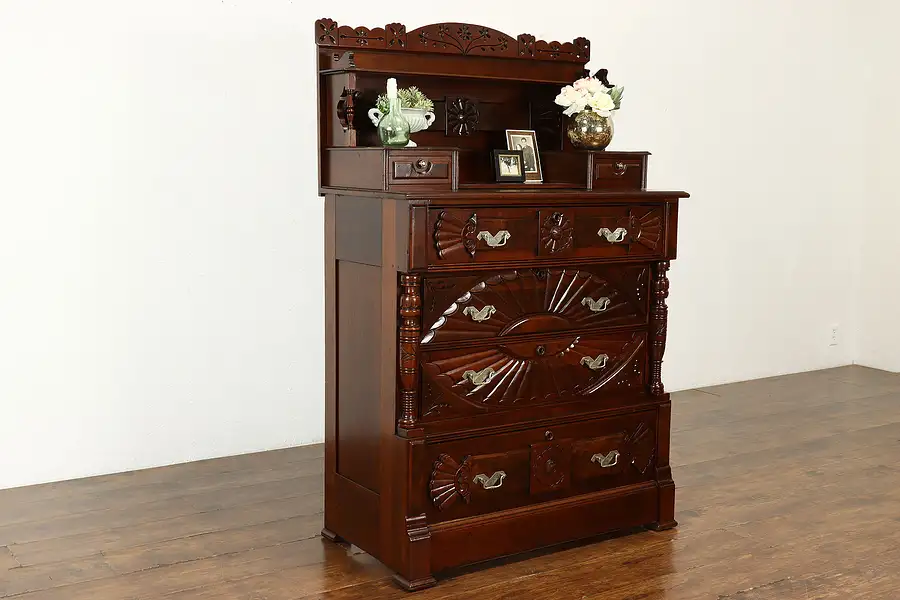 Main image of Victorian Eastlake Antique Spoon Carved Walnut Tall Chest or Dresser