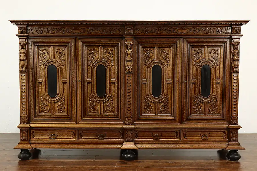 Main image of Renaissance Antique Dutch Oak China or Office Cabinet, Carved Figures