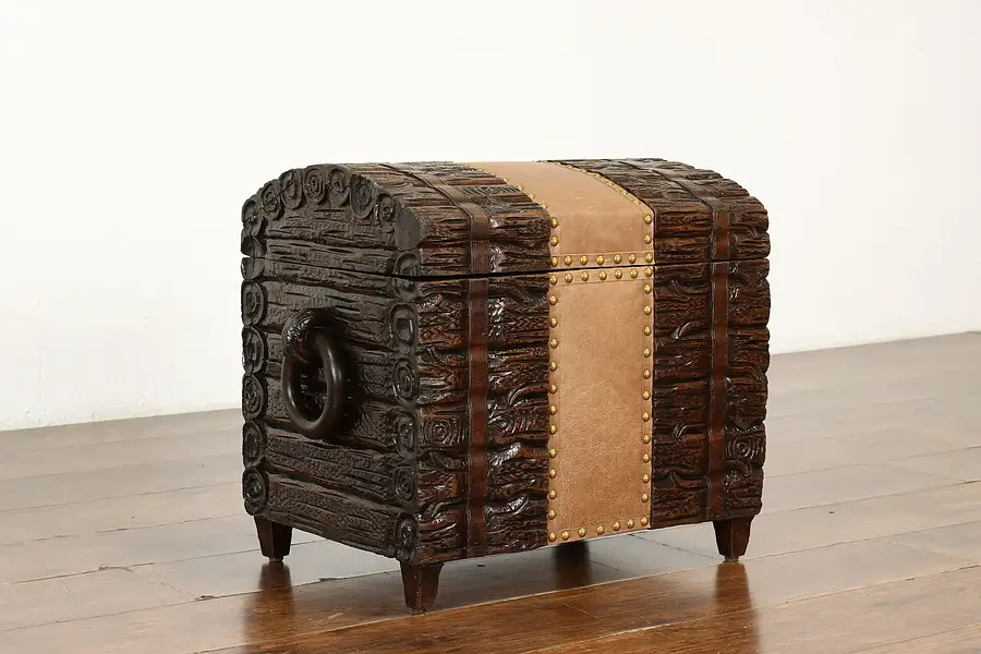 Main image of Swiss Carved Pine Antique Dowry Chest or Trunk, Leather & Brass Nailheads