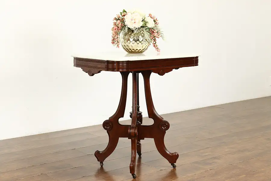 Main image of Victorian Eastlake Antique Walnut Parlor or Lamp Table, Marble Top