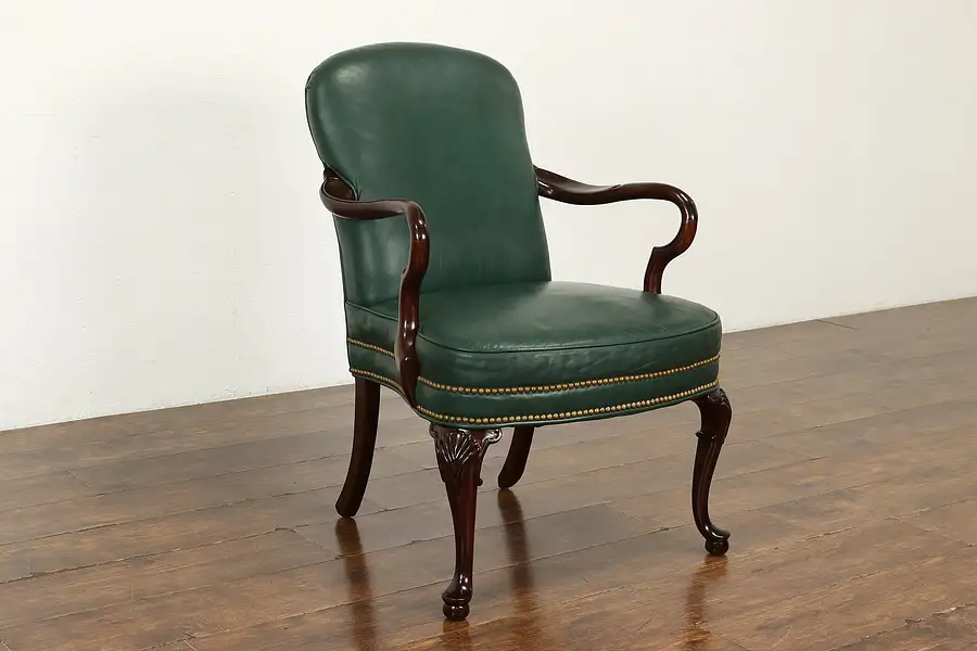 Main image of Georgian Vintage Walnut & Leather Chair, Brass Nailhead Trim, Woodmark