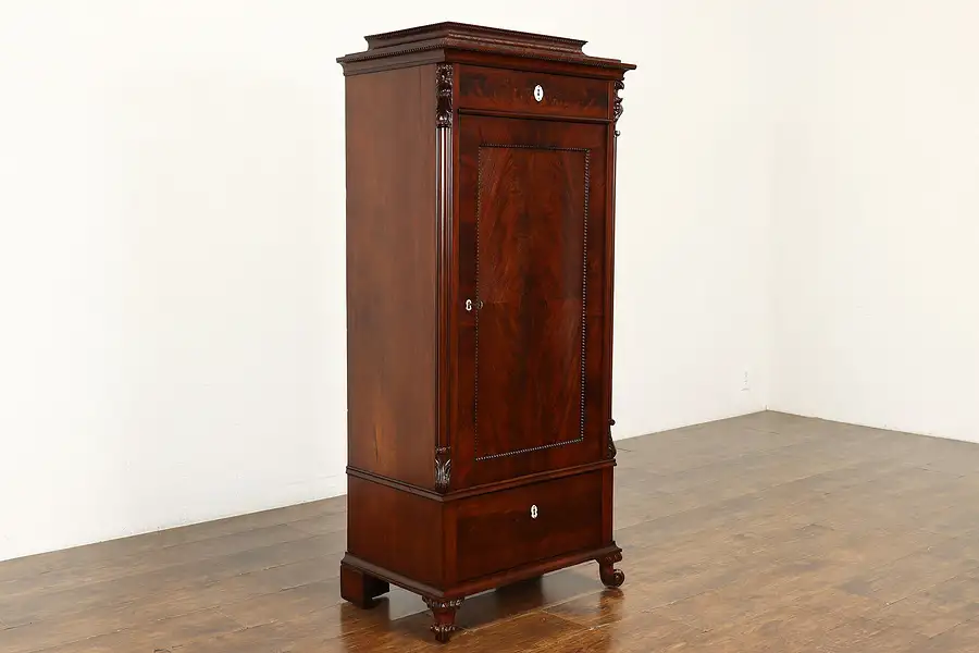 Main image of Empire Biedermeier Antique Carved Flame Mahogany Bar Bath Jewelry Cabinet