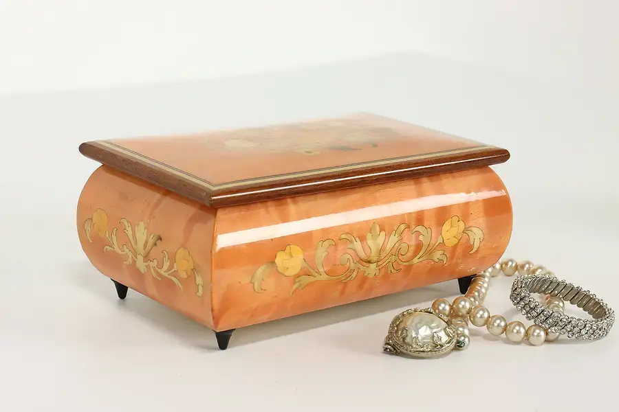 Main image of Marquetry Vintage Swiss Jewelry or Trinket Music Box, Funiculi Funicula