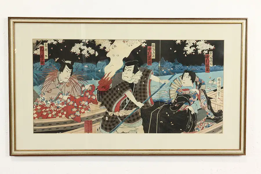 Main image of Japanese Antique Ukiyo-e Style Triptych Boat Scene Woodblock Print, 20"