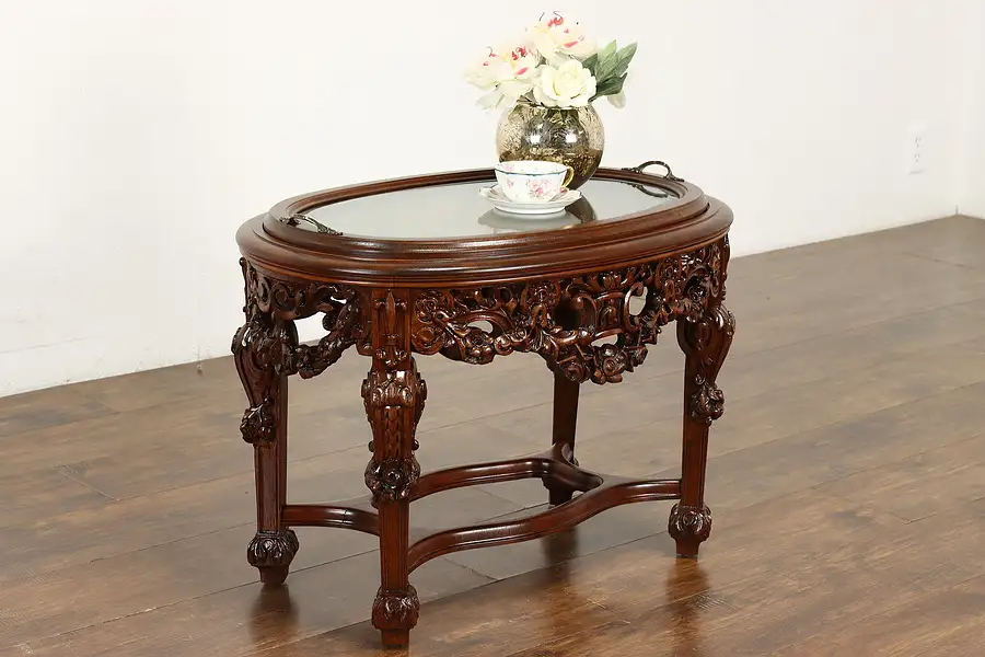 Main image of Marquetry Inlay Mahogany Antique Carved Coffee Table Serving Tray, Milano