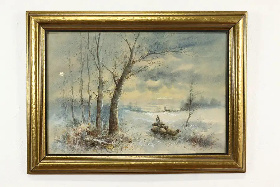 Main image of Shepherd Winter Scene Antique Original Watercolor Painting Bemish 36"