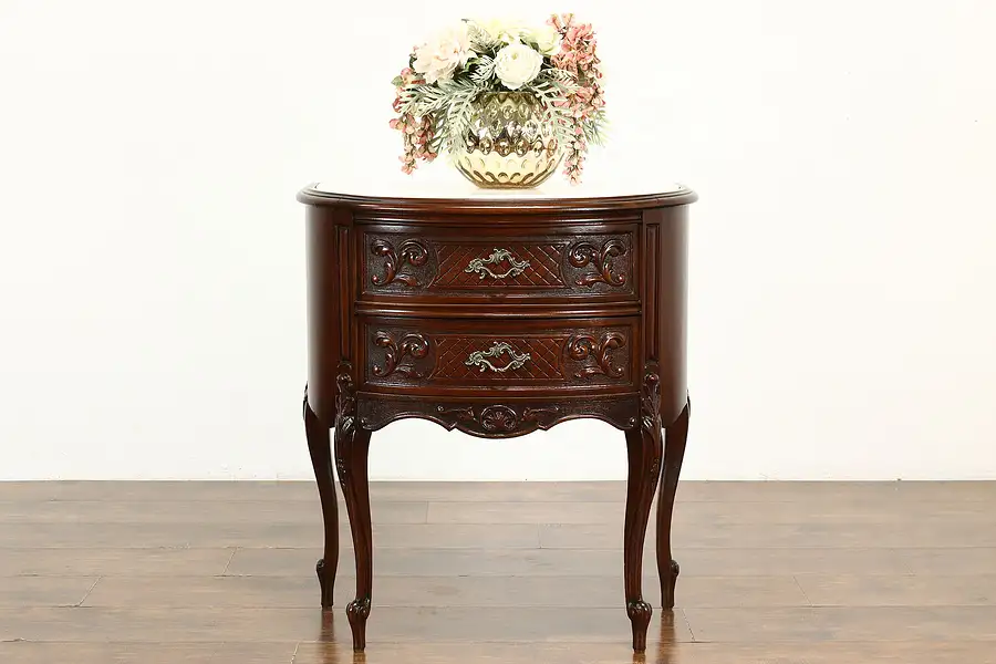 Main image of Georgian Style Vintage Carved Mahogany Demilune or Hall Chest, Marble Top