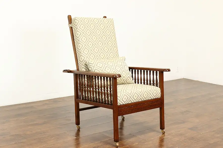 Main image of Oak Antique Morris Recliner Chair with Carved Spindles & New Upholstery