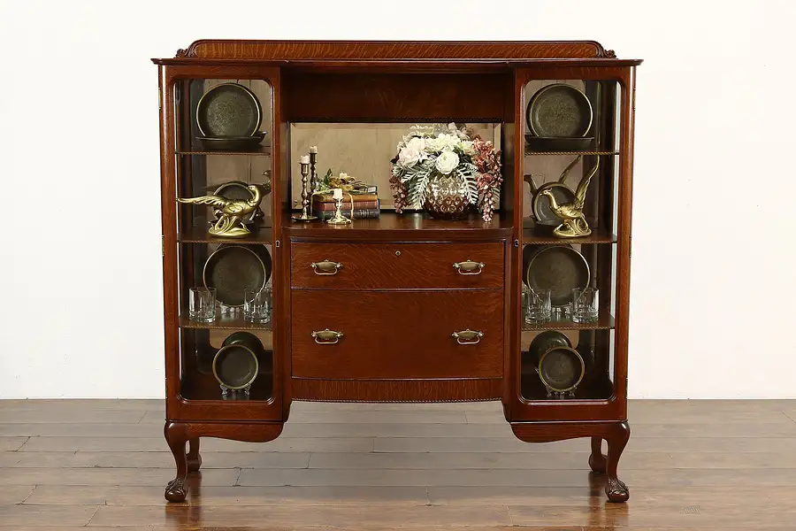 Main image of Victorian Antique Oak Server, Back Bar, China Cabinet, Beveled Mirror