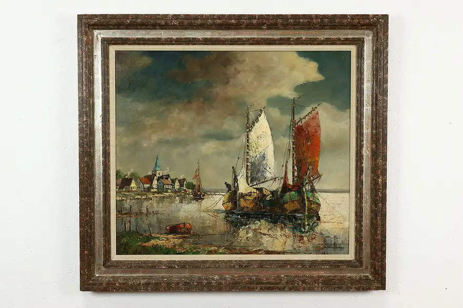 Main image of Sailboats in Harbor Cove Antique Original Oil Painting 41" Heirer