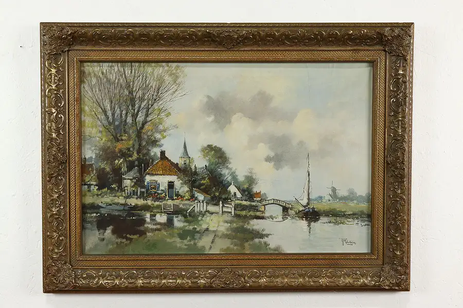 Main image of Dutch Canal Windmill & Boat Vintage Original Oil Painting Verheijen 37.5"