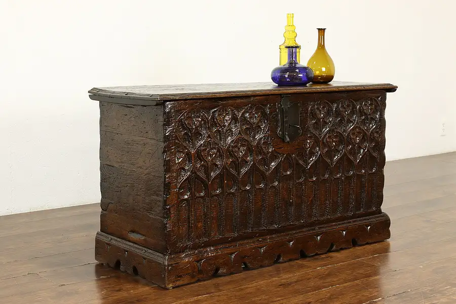 Main image of Gothic Oak Antique 1700s Dutch Dowry Chest or Trunk, Carved Tracery