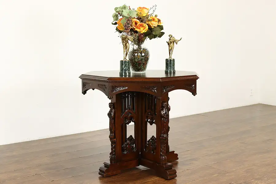 Main image of Gothic Oak Antique Octagonal Hall Center or Lamp Table, Carved Knights