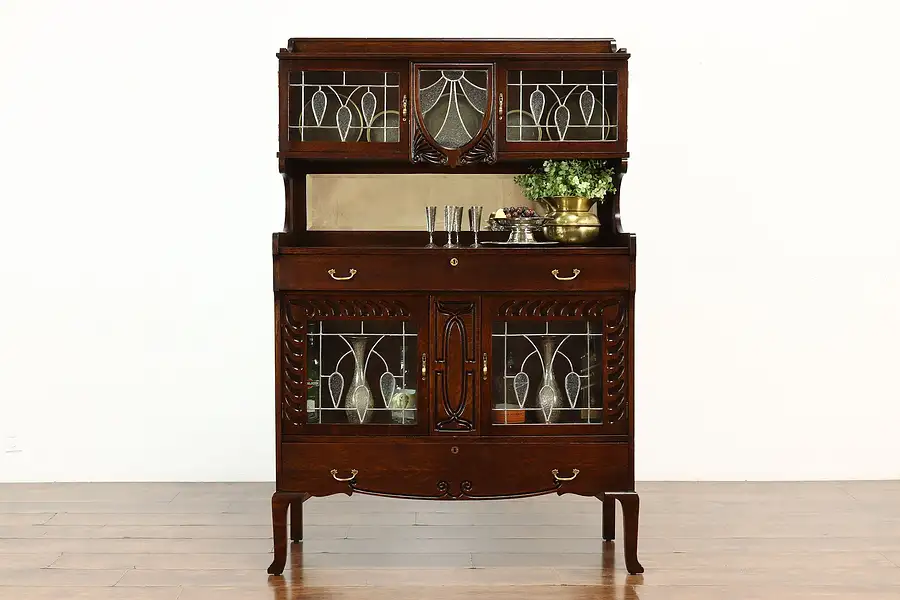 Main image of Art Nouveau Oak Antique Bar Cabinet, Sideboard, Server, Leaded Glass