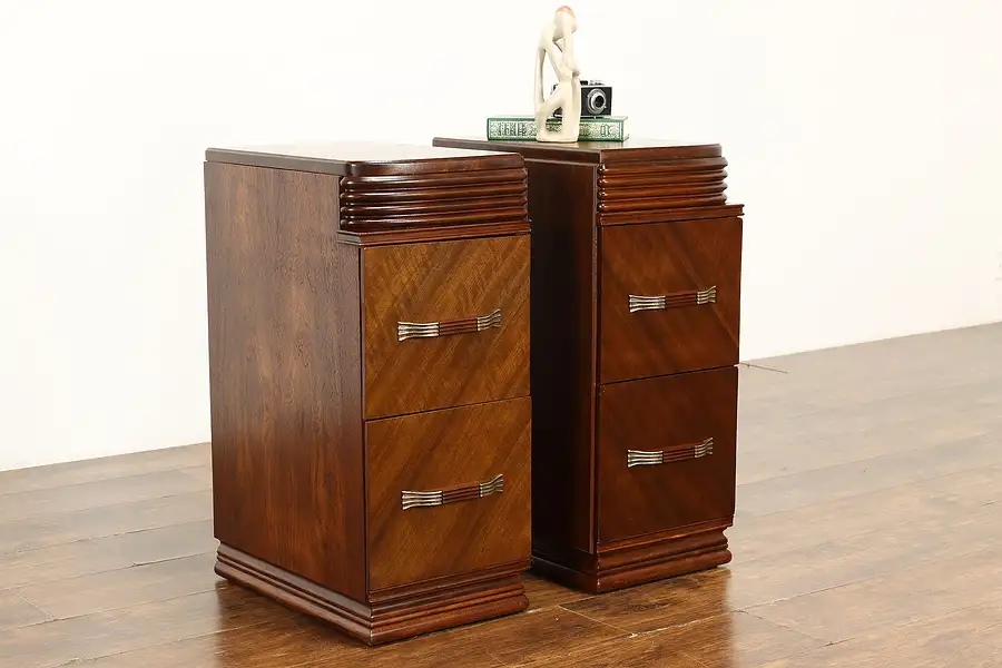 Main image of Pair of Art Deco Vintage Walnut Nightstands, End or Lamp Tables