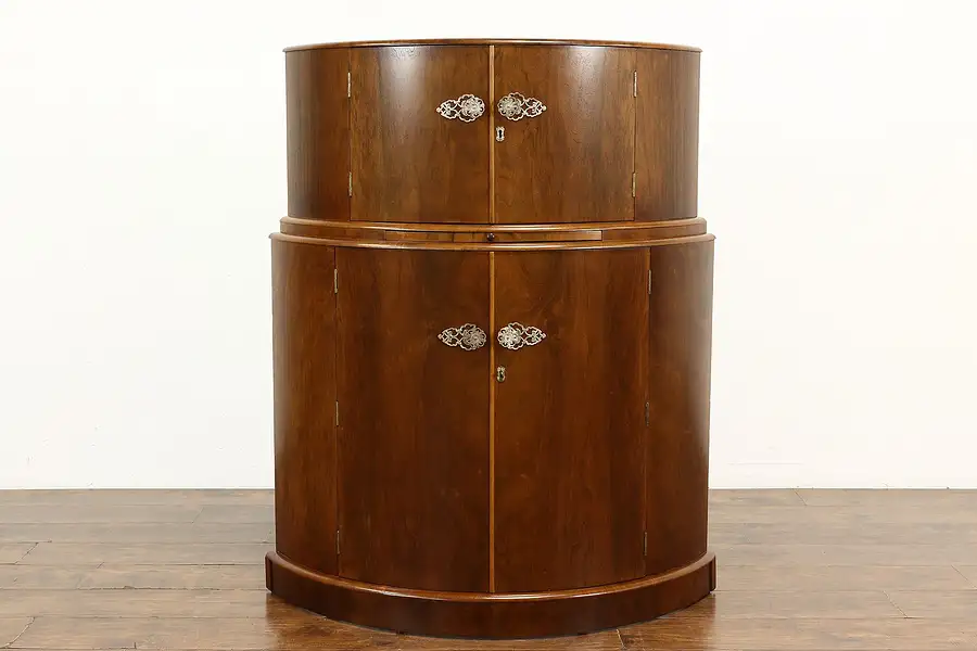 Main image of Art Deco English Vintage Demilune Lighted Bar Cabinet, Bakelite Pulls