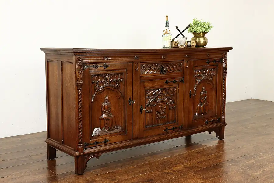 Main image of Gothic Oak Antique Sideboard, Buffet, Bar or TV Console, Carved Knights