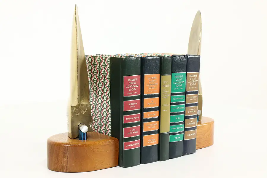 Main image of Pair of Vintage Teak & Brass Folding Propeller Bookends, Martec