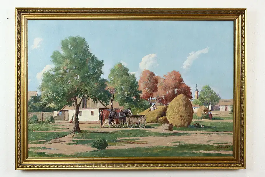 Main image of Farmyard with Horses & Wagon Vintage Original Oil Painting, Haerenczj 40"