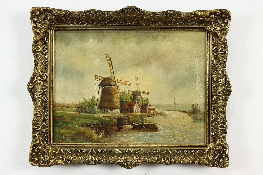 Main image of Windmills on a Canal Original Antique Dutch Oil Painting 19.5"